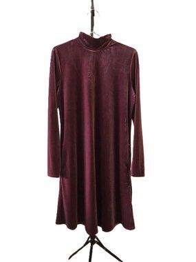 Lands' End Long Sleeve Velvet Dress Mock Neck 10-12 Pockets Zip Burgundy Size M